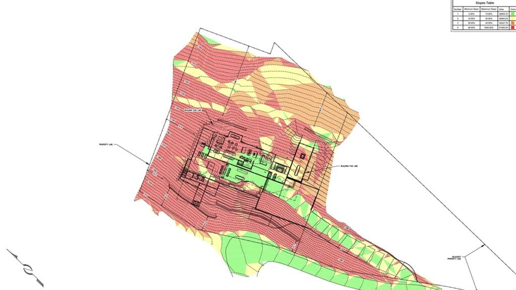 An overlay of the proposed Prince mansion's footprint on the steep slope analysis from the project's engineering documents. The areas in pink indicate a slope between 30-40%.